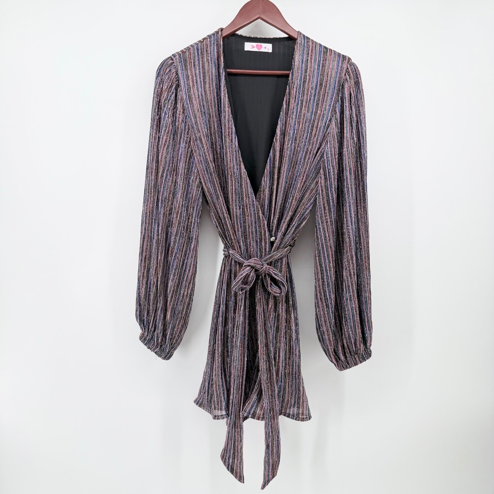 Buddy Love Womens Mini Wrap Dress S Multi Metallic Stripe Adeline-7 Long Sleeve